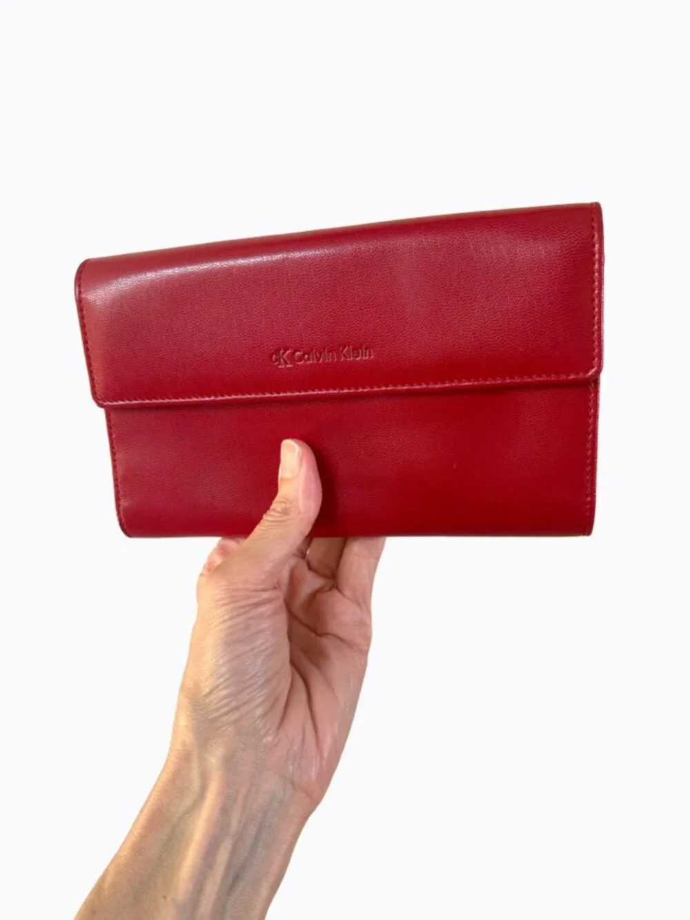 Vintage Calvin Klein Red Leather Continental Flap Wallet Made in Spain Rare Y2K